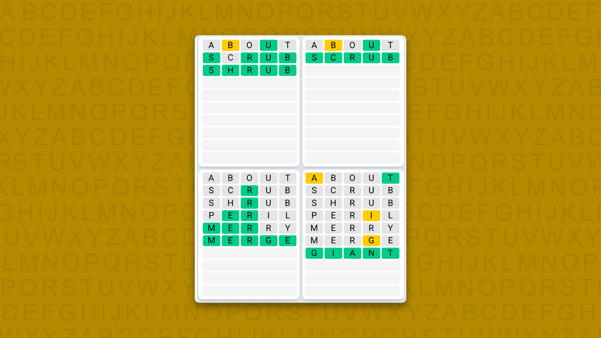 Quordle Daily Sequence answers for game 1642 on a yellow background