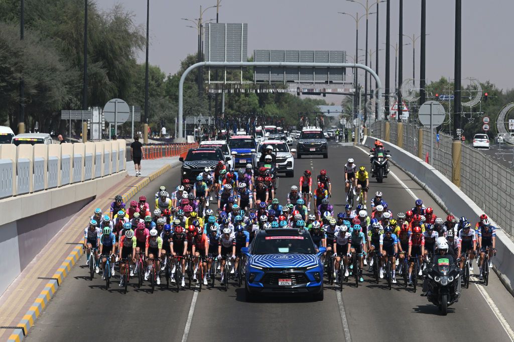 HAZZA BIN ZAYED STADIUM AL AIN UNITED ARAB EMIRATES FEBRUARY 23 A general view of the peloton competing to the 7th UAE Tour Stage 7 a 176km stage from Al Ain Hazza Bin Zayed Stadium to Jebel Hafeet 1031m UCIWWT on February 23 2025 in Al Ain United Arab Emirates Photo by Dario BelingheriGetty Images