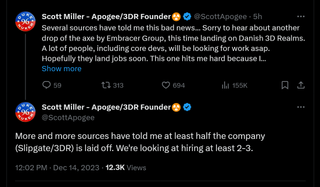Several sources have told me this bad news... Sorry to hear about another drop of the axe by Embracer Group, this time landing on Danish 3D Realms. A lot of people, including core devs, will be looking for work asap. Hopefully they land jobs soon. This one hits me hard because I worked with the new 3DR from 2014 up until when they were bought out by Embracer 2.5 yrs ago.