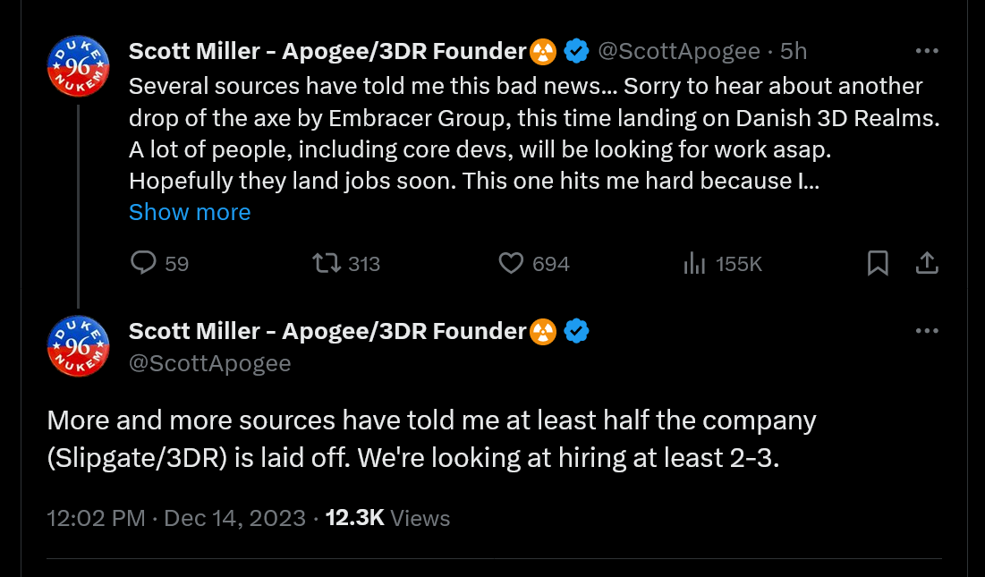 Several sources have told me this bad news... Sorry to hear about another drop of the axe by Embracer Group, this time landing on Danish 3D Realms. A lot of people, including core devs, will be looking for work asap. Hopefully they land jobs soon. This one hits me hard because I worked with the new 3DR from 2014 up until when they were bought out by Embracer 2.5 yrs ago.