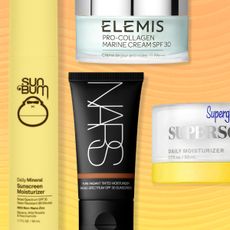 A collage of Marie Claire's best face moisturizers with SPF including Sun Bum, NARS, Elemis, ReVive, and Supergoop! products against a yellow background.