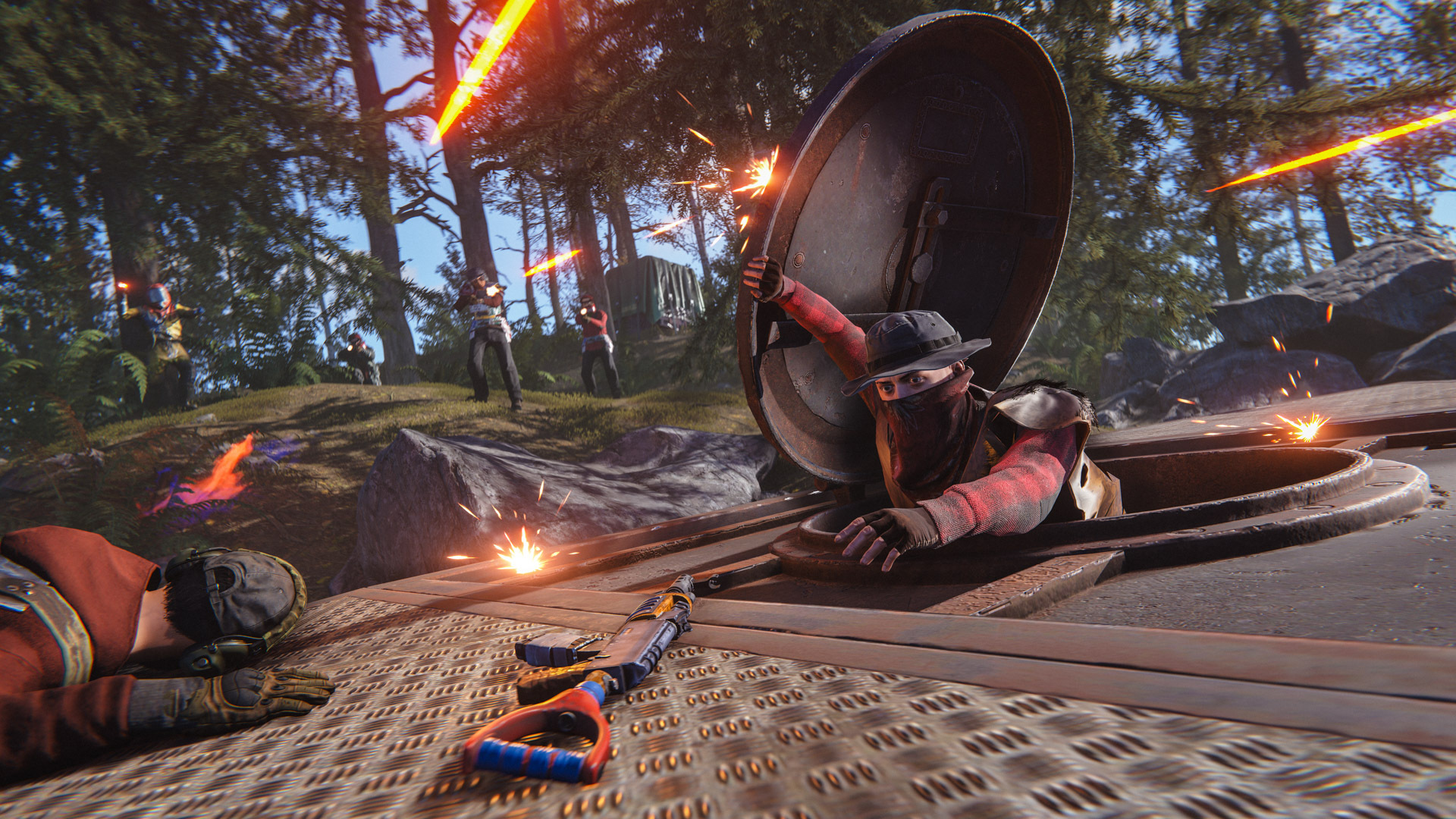 Using a ladder hatch as a shield from gunfire, a player reaches out of the aperture toward a discarded assault rifle in Rust.