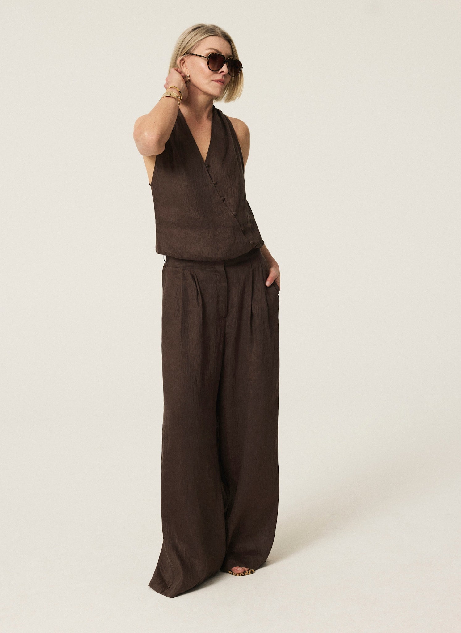 Brown Linen Blend Wide Leg Trousers