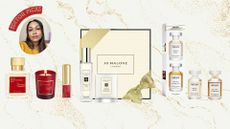 Maison Francis Kurkdjian Baccarat Rouge 540, Jo Malone London and Maison Margiela Replica perfume gift sets on a glittery background