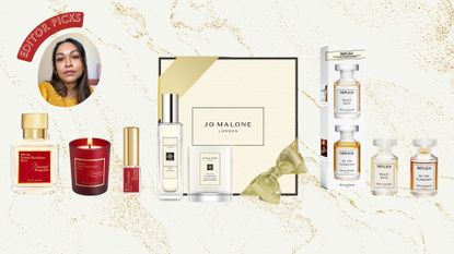 Maison Francis Kurkdjian Baccarat Rouge 540, Jo Malone London and Maison Margiela Replica perfume gift sets on a glittery background