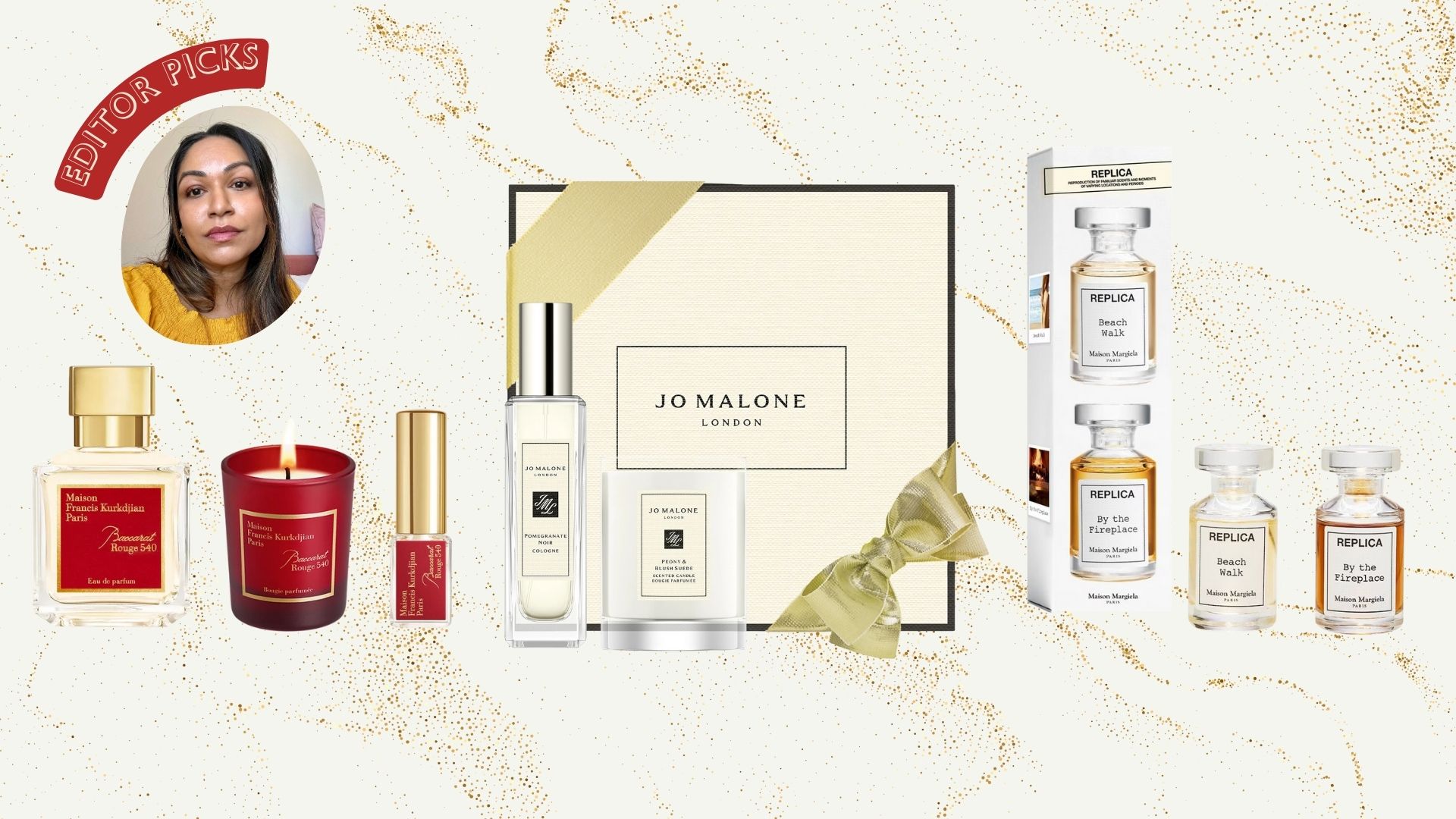 Maison Francis Kurkdjian Baccarat Rouge 540, Jo Malone London and Maison Margiela Replica perfume gift sets on a glittery background