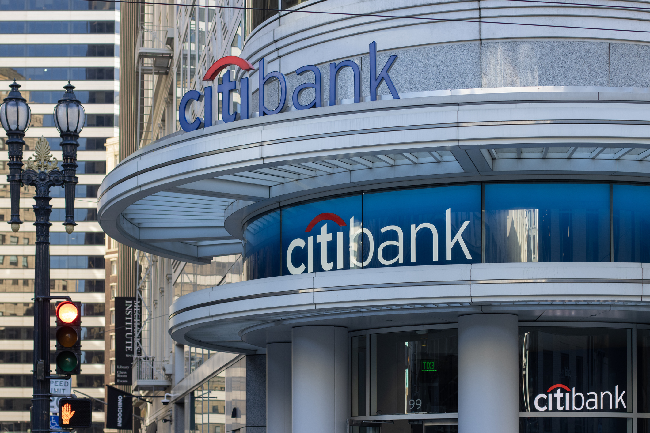 Exterior view of a branch of Citibank at 99 Post Street in the Financial District of San Francisco, California.