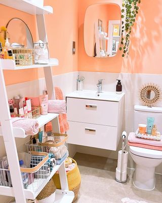 A peach colored bathroom with a ladder