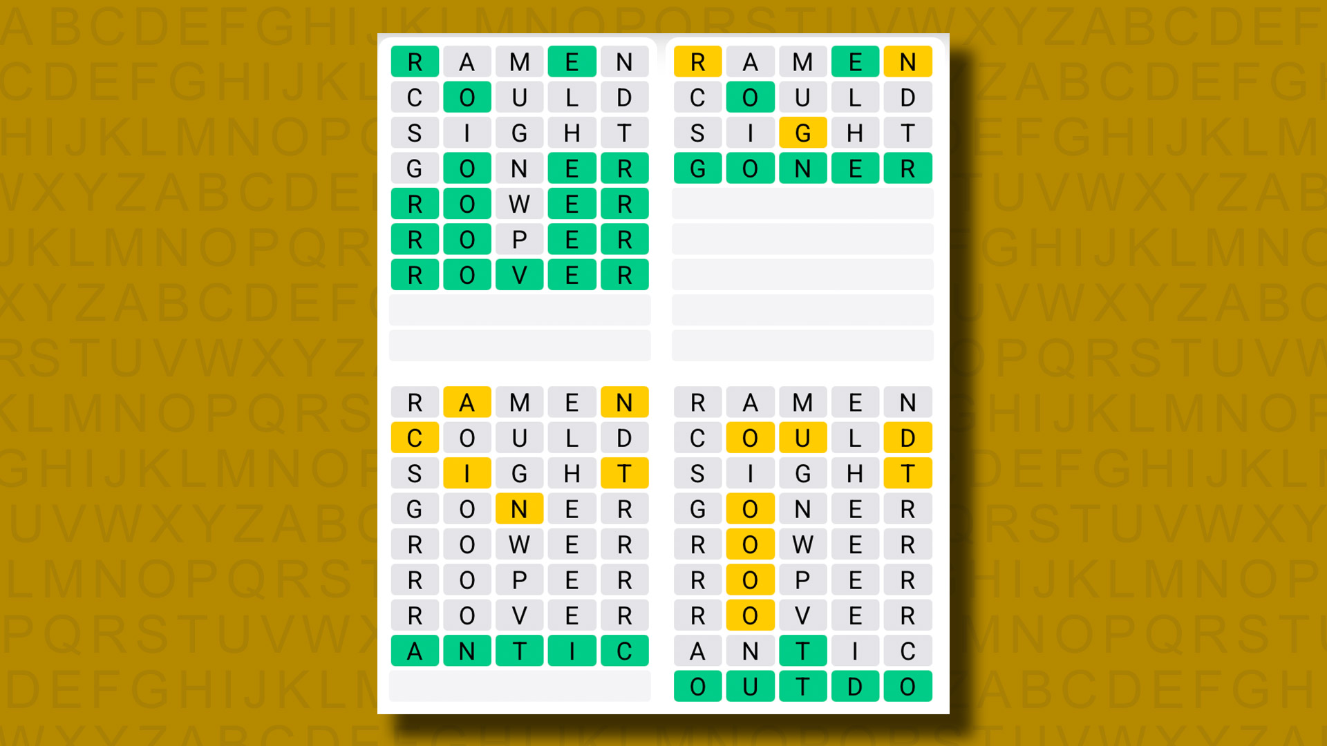 Quordle answers for game 1308 on a yellow background