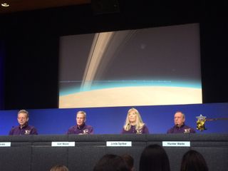 Members of the Cassini team discuss its nearing demise during a news conference on Sept. 13, 2017. (L to r) Jim Green, head of NASA's planetary science division; Earl Maize, Cassini project manager; Linda Spilker, Cassini's project scientist; Hunter Waite, principal investigator for Cassini's Ion and Neutral Mass Spectrometer (INMS).