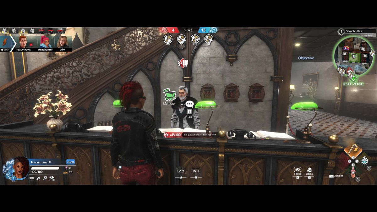 A screenshot from Killer Inn depicting an NPC with an exclaimation icon over its head.