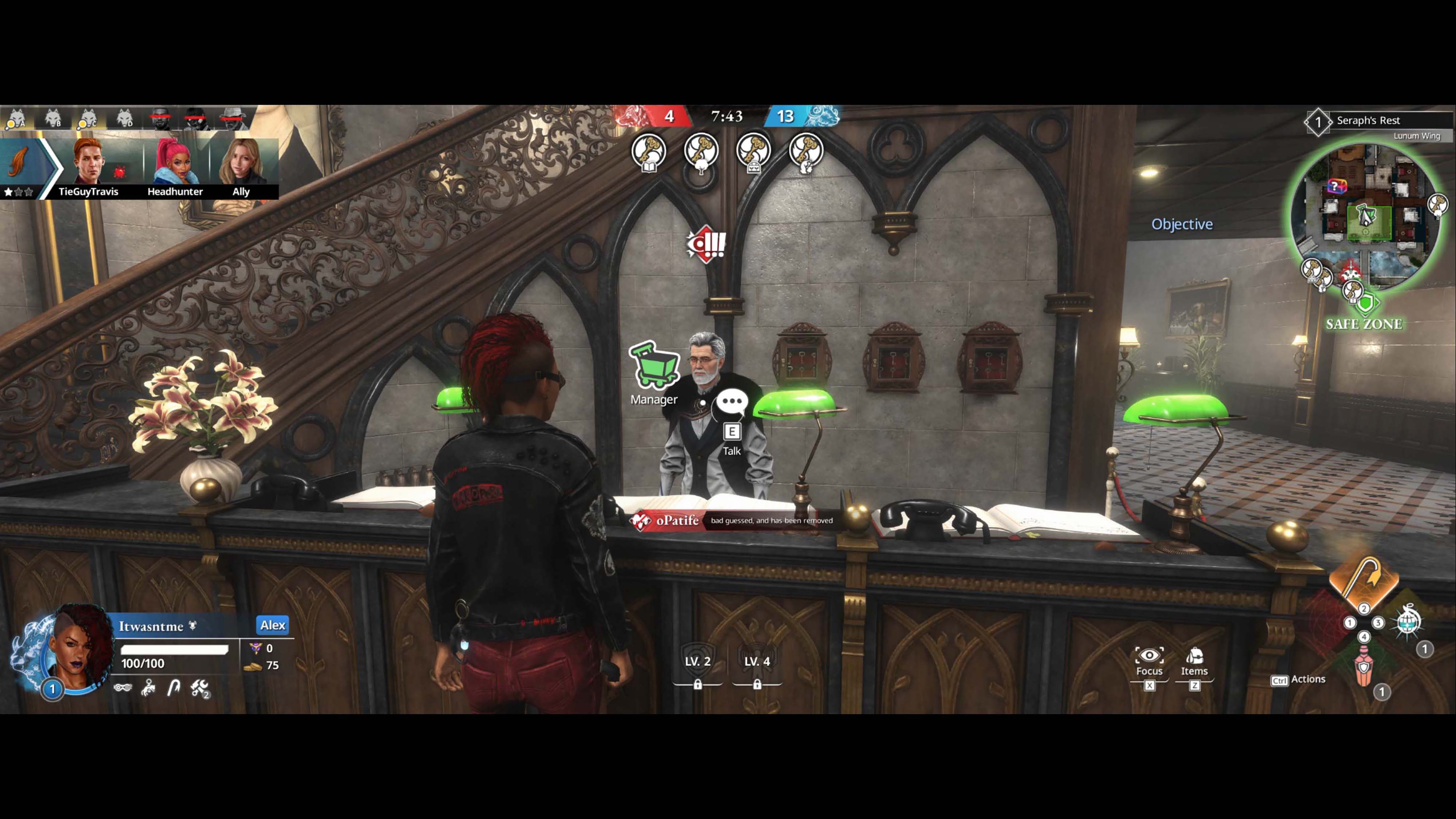 A screenshot from Killer Inn depicting an NPC with an exclaimation icon over its head.