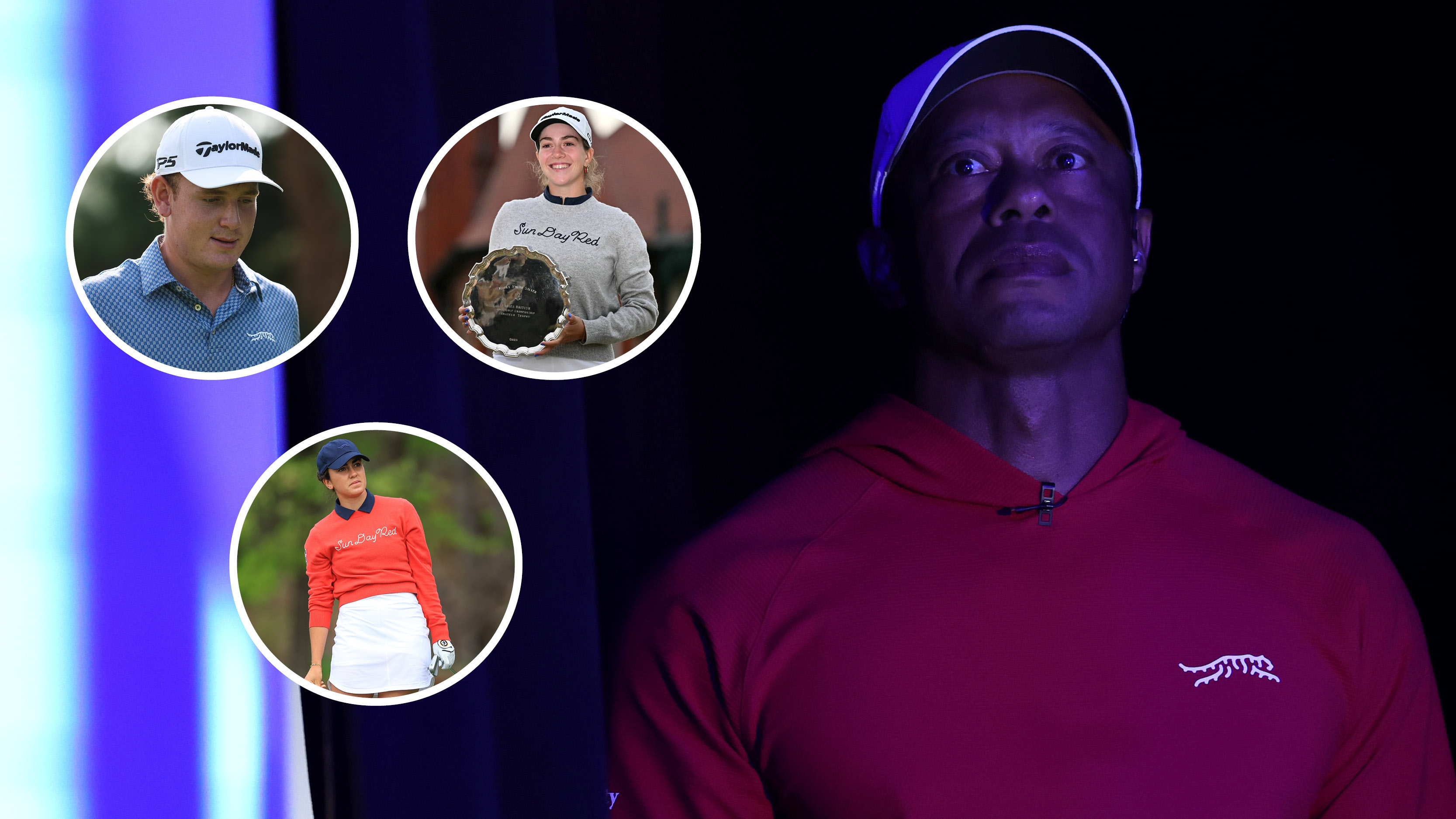 Tiger Woods looks on, with multiple players wearing Sun Day Red clothing