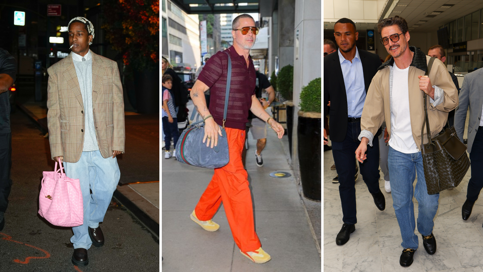 celebrity men wearing extra large bags: Asap Rocky, Brad Pitt, Pedro Pascal