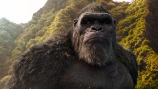 Scene from Godzilla vs. Kong (2021). Here we see a close up of the battle-harden King Kong (giant ape) covered in scars.