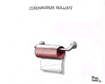 Political Cartoon U.S. Trump Mike Pence Department of Health Coronavirus containment rollout measures toilet paper