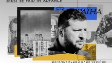 Photo montage of Volodymyr Zelensky, dollars, Euros and hryvnia