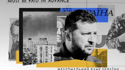 Photo montage of Volodymyr Zelensky, dollars, Euros and hryvnia