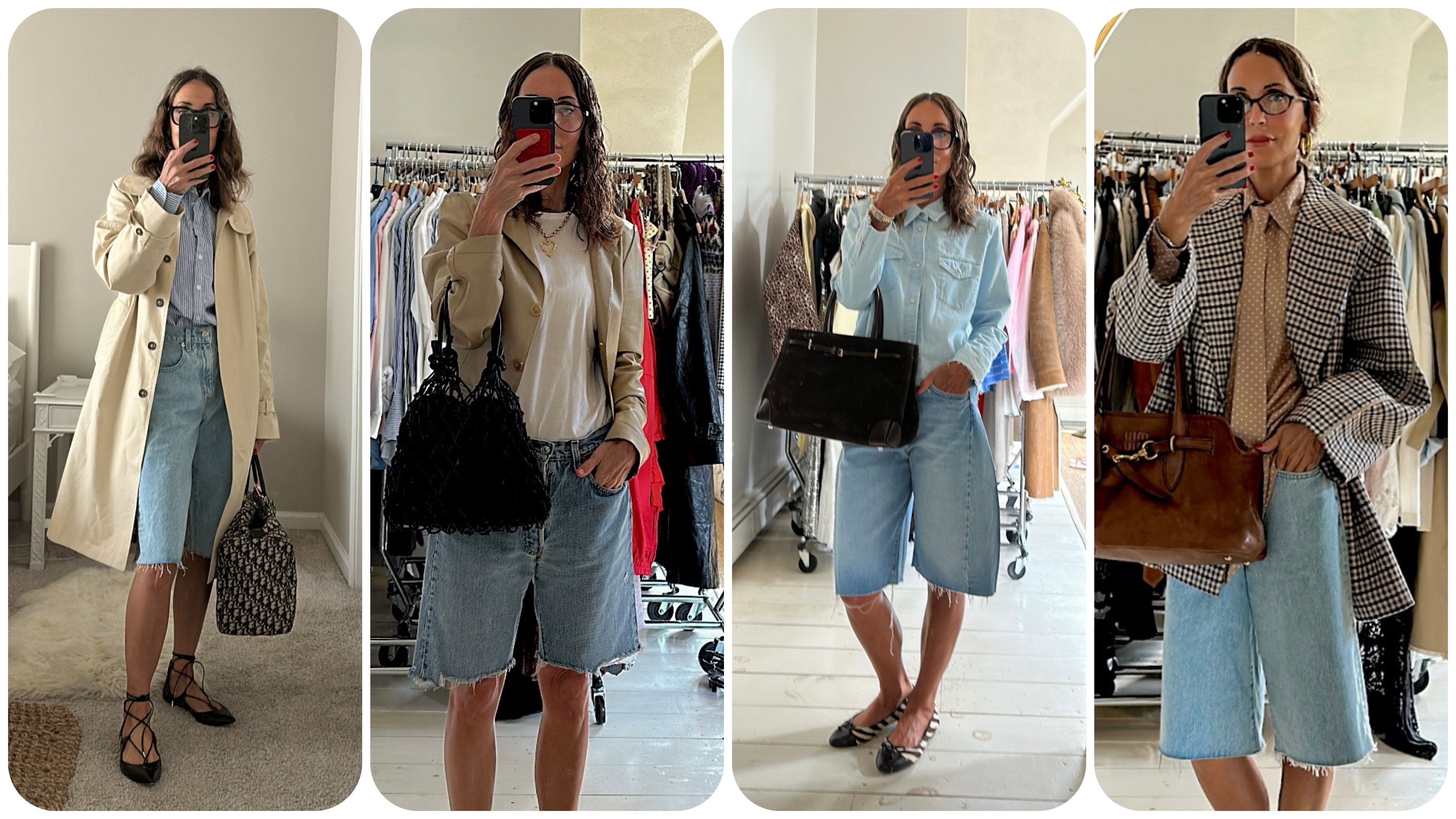 collage of Larissa Mills wearing denim shorts 