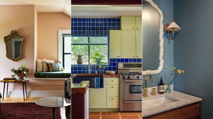 peach bedroom, maximalist kitchen with dark blue wall tiles and light green cabinets, blue powder room