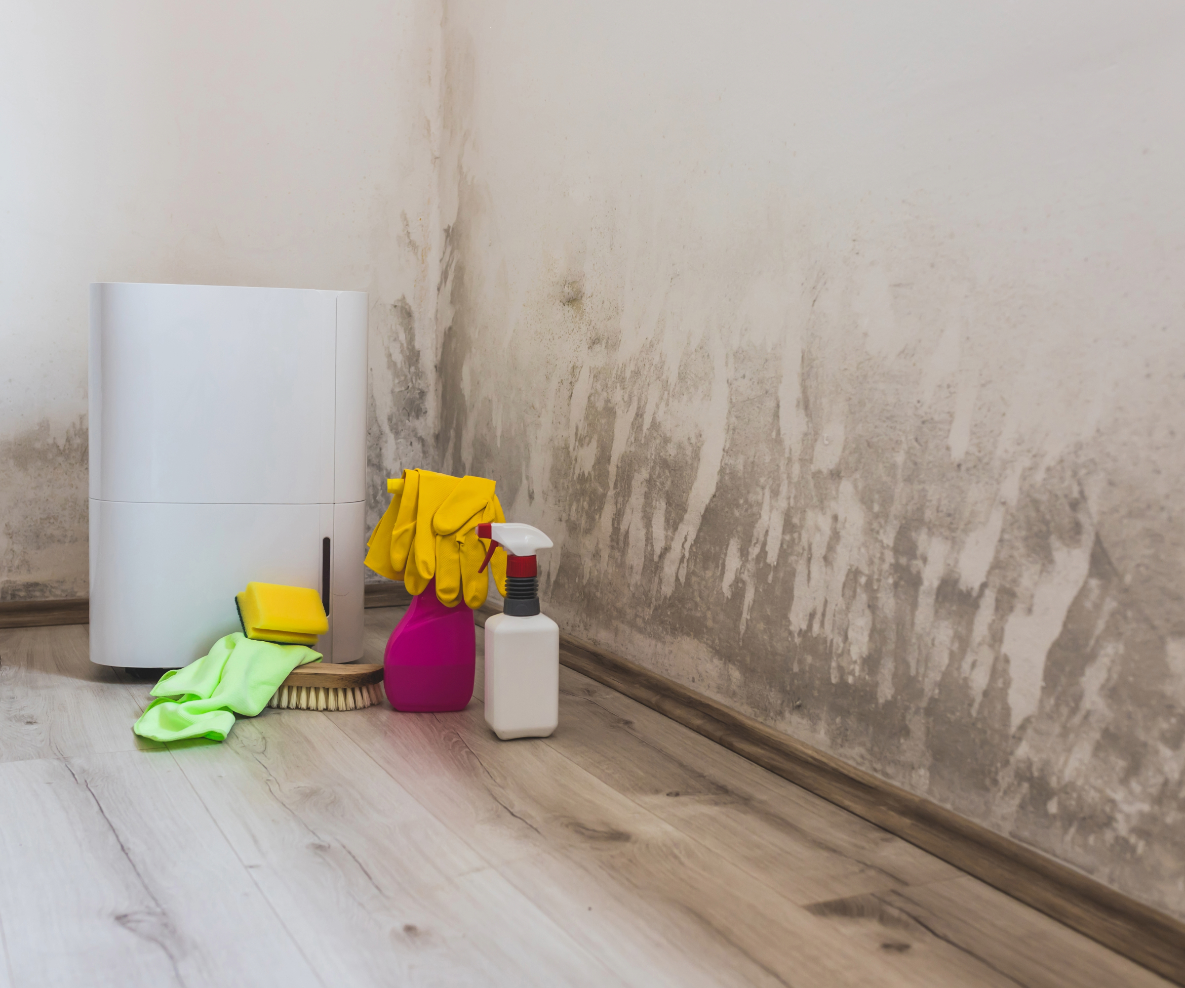Mouldy wall with cleaning products and dehumidifier on the floor