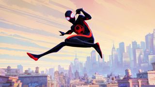 Spider-Man jumping, with city buildings behind, from the film Spider-Man: Across the Spider-Verse