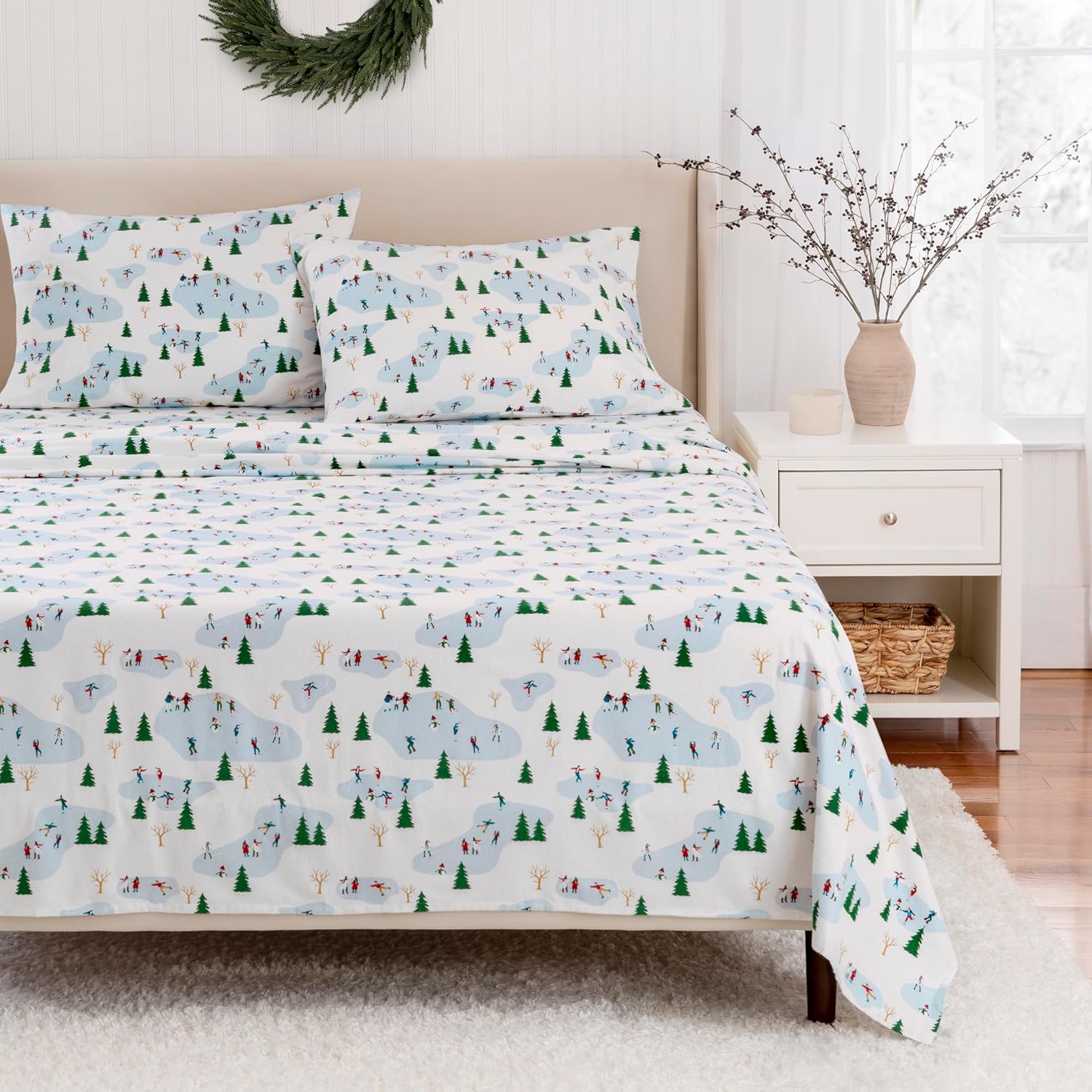 Martha Stewart Holiday Skating Scene 100% Cotton Flannel Sheet 4 Piece Set, Green Christmas Tree Pattern - 1 Flat Sheet, 1 Fitted Sheet, 2 Std Pillowcases, Breathable Bed Sheets, Full Size