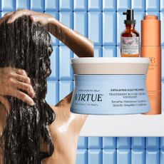 woman in the shower next to products that are good for an itchy scalp