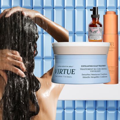 woman in the shower next to products that are good for an itchy scalp