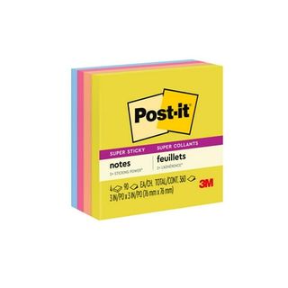 A pack of brightly colored Post-it notes, yellow at the front, then orange, then pink, then blue