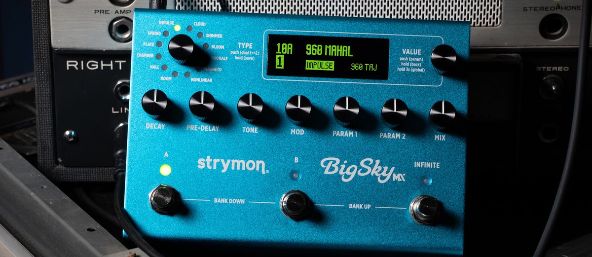 A photo of the Strymon BigSky MX pedal in a recording studio setting