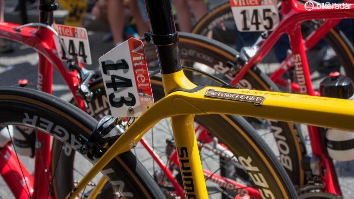Cancellara's bike will be easy to spot against the red Madones of his teammates