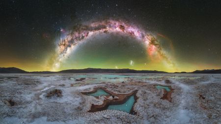 A panorama of the night sky showing the glowing arc of the Milky Way galaxy over a snowy landscape.