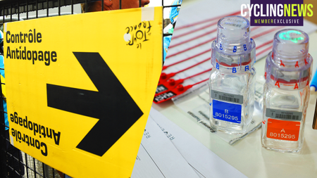 Split image of an 'Anti Doping Control' sighn and the tour de france and testing equipment - bottles etc - on a table