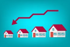 descending sizes of houses with a red arrow on a blue background
