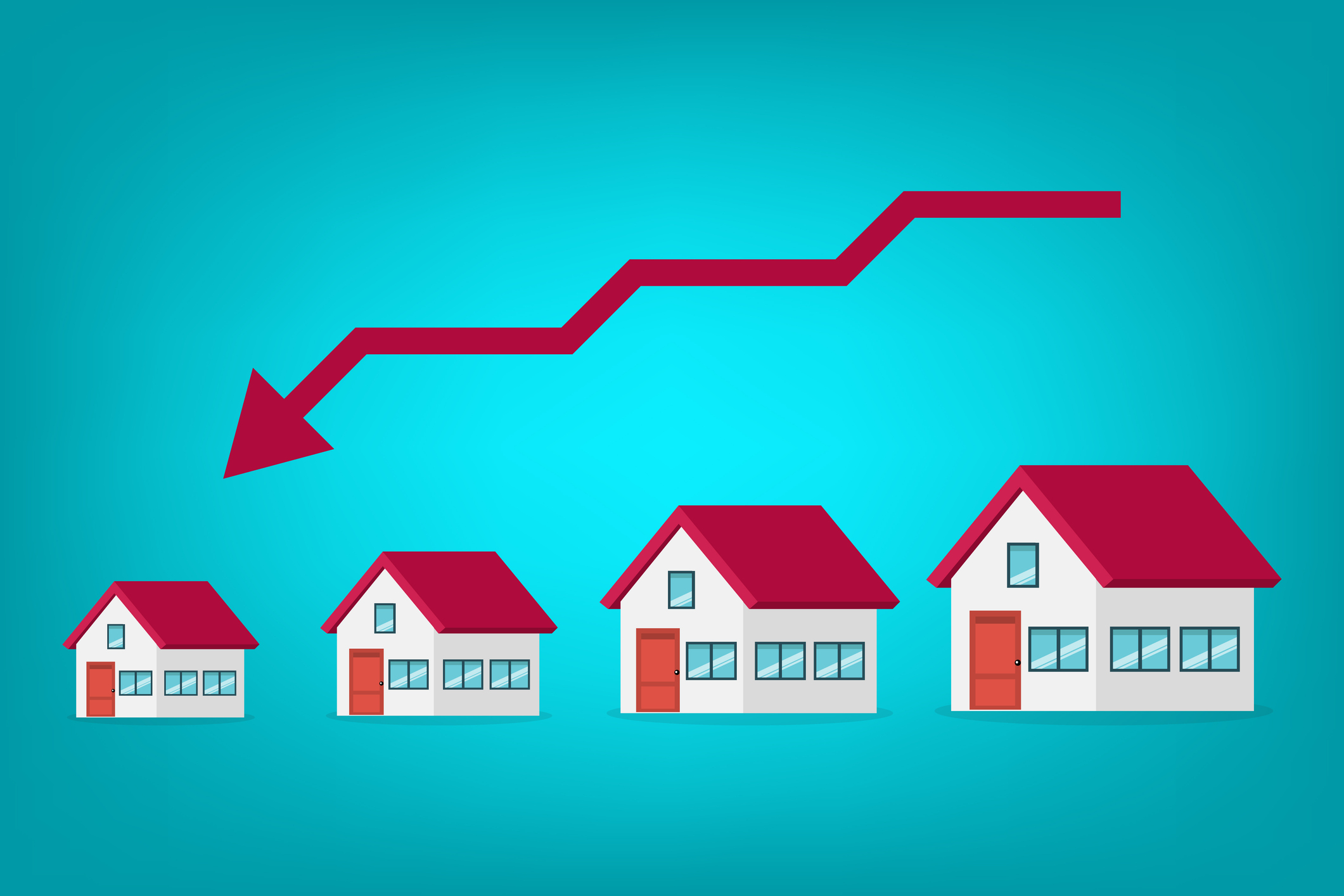 descending sizes of houses with a red arrow on a blue background