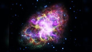 Composite image of Crab Nebula, created by combining data from five telescopes spanning almost the entire breadth of the electromagnetic spectrum