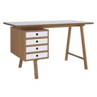 Why Wood Desk, oak finish with four small drawers on the left with white fronts