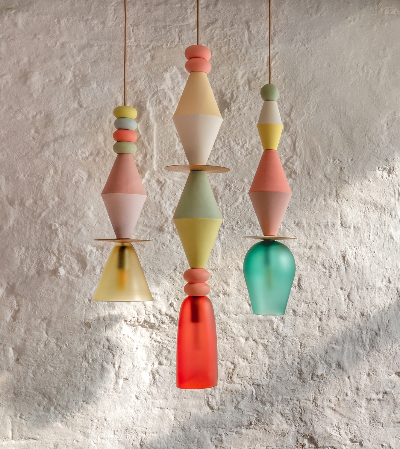 colorful pendant lights with a stacked design