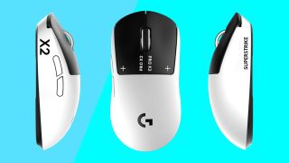 Top and side views of the Logitech G Pro X2 Superstrike gaming mouse on a blue background