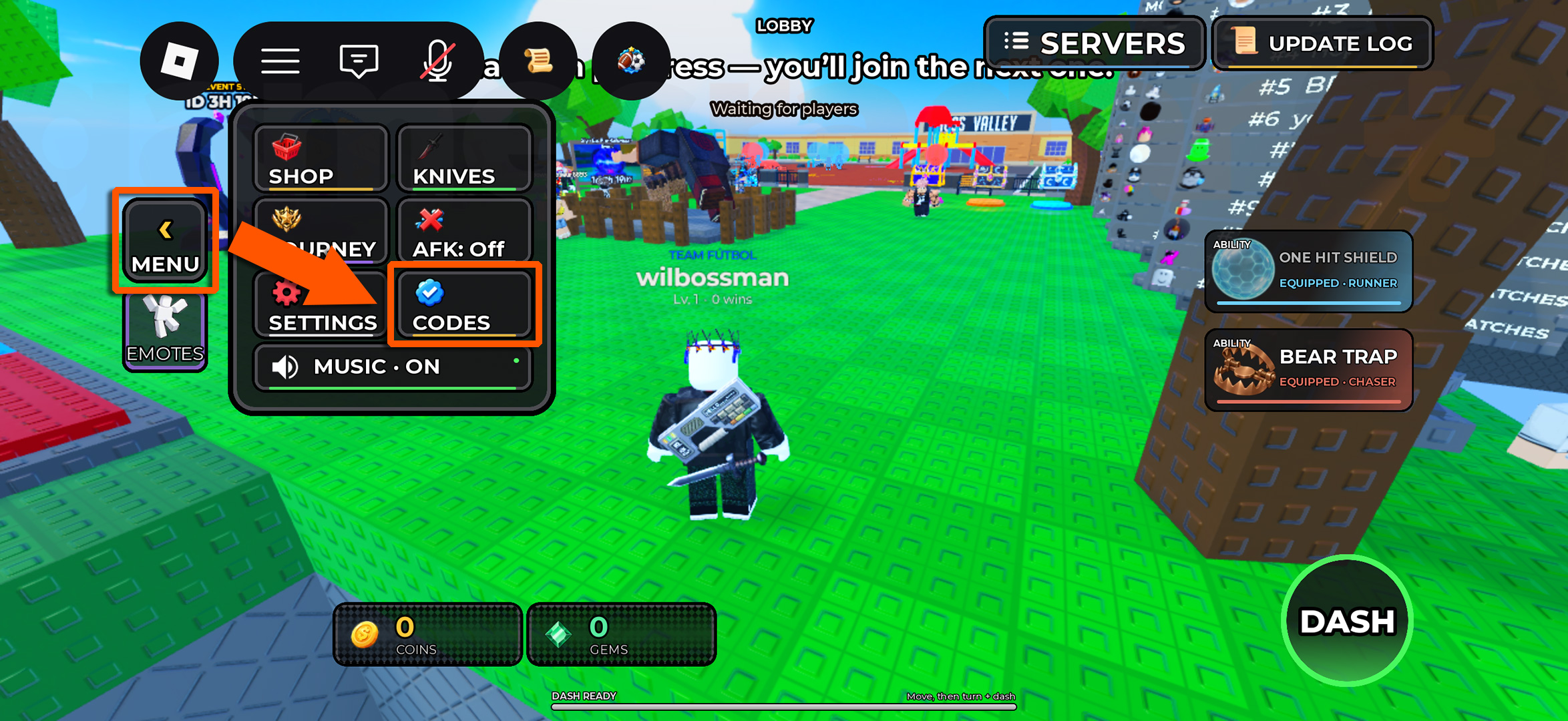 An orange arrows indicating how to access the menu screen used to redeem Huss Valley codes