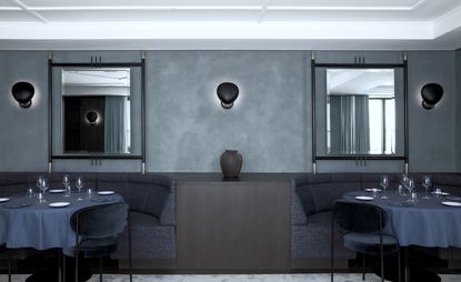 Dark grey interior of a restaurant in Paris