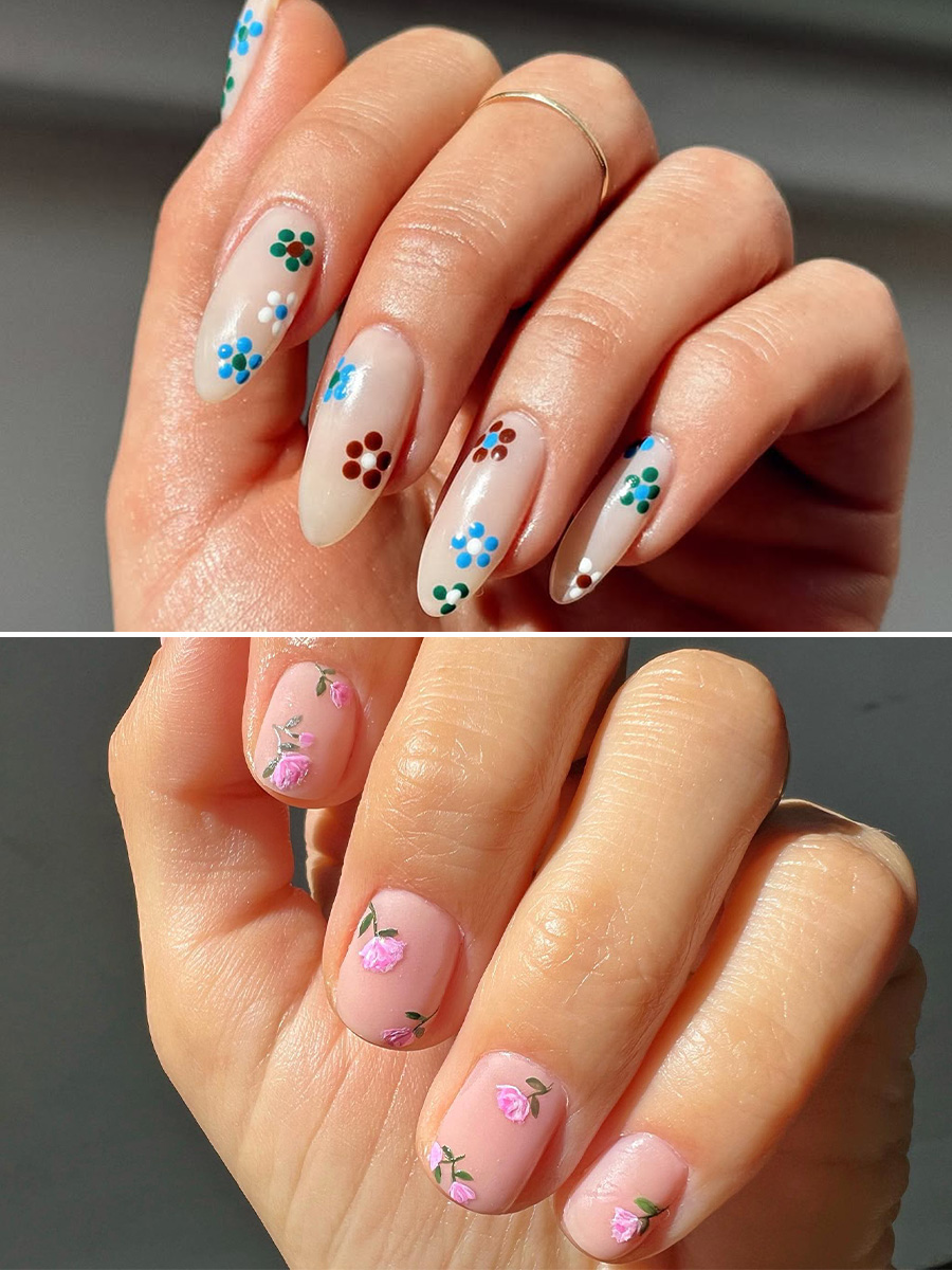 A retro floral manicure by Queenie Nguyen and vintage rosebud manicure by Betina Goldstein