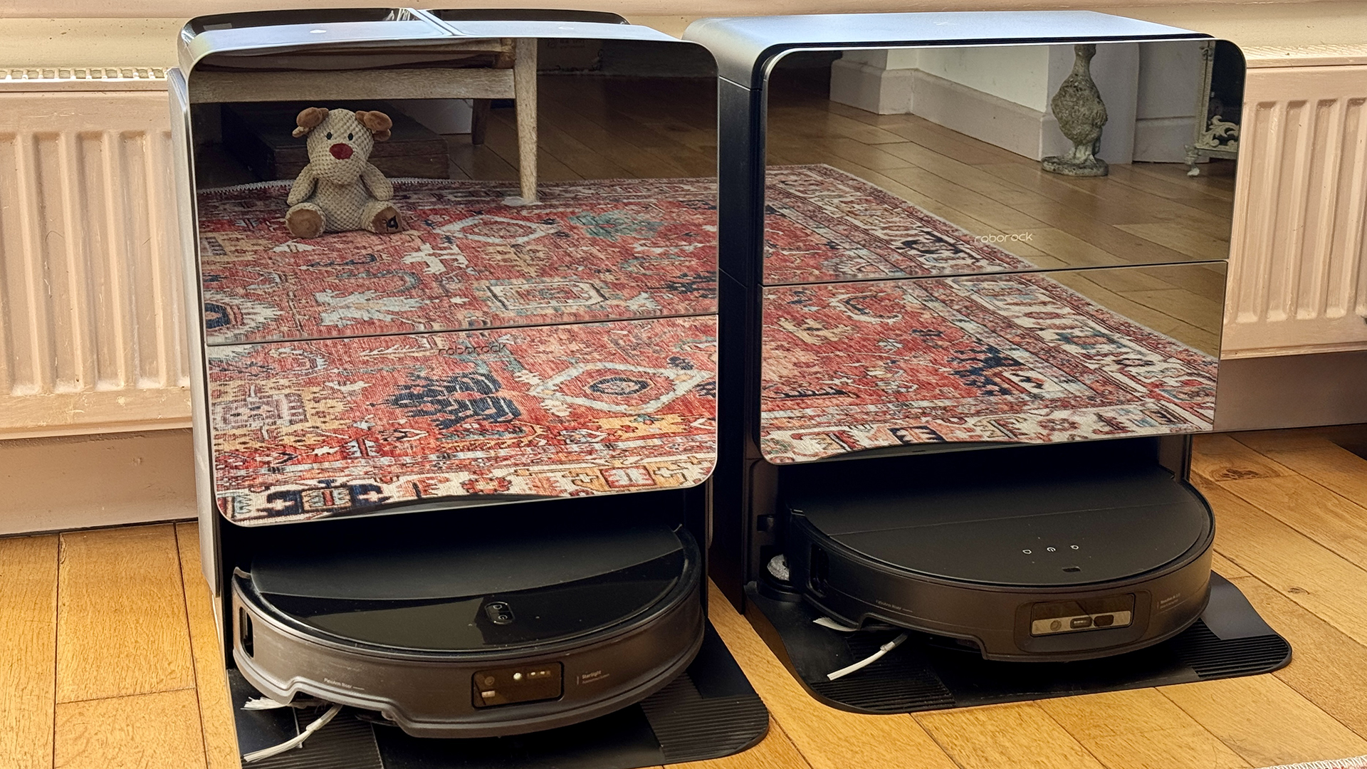 Docks for Roborock Saros 10R and Saros 10 robot vacuums side by side
