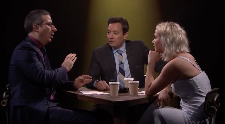 John Oliver, Jimmy Fallon, and Jennifer Lawrence.