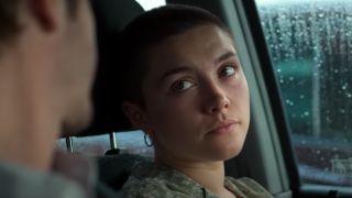 Florence Pugh with a shaved head in We Live in Time