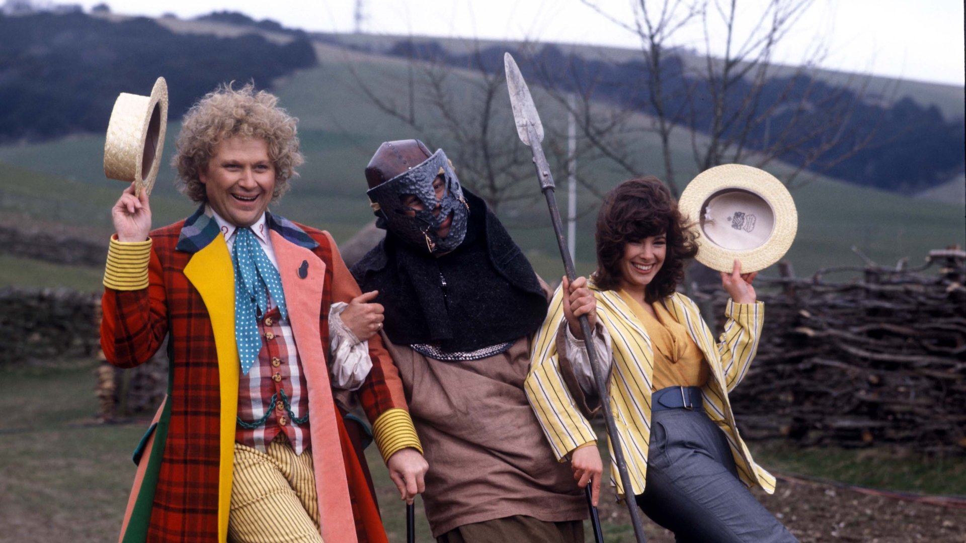 British Actor Colin Baker Who Plays The Doctor In The Bbc Television Series Dr Who. Pictured Here With His Assistant Peri Played By Nicola Bryant And Extras From The Show, 10.04.1986.