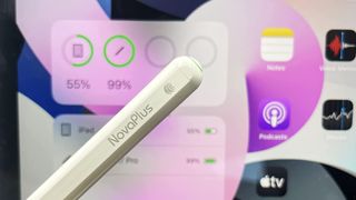 The NovaPlus A7 Pro iPad stylus placed in front of an iPad home screen.
