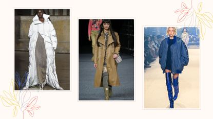 A composite of models on the runway showing coat trends 2022
