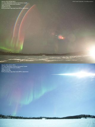 Astrophotographer Yuichi Takasaka tweeted this photo of a fireball over Vee Lake, Yellowknife, NWT, Canada, on March 5, 2014. The top photo shows the brightness of a car's high-beam headlights which passed by 5 minutes earlier.